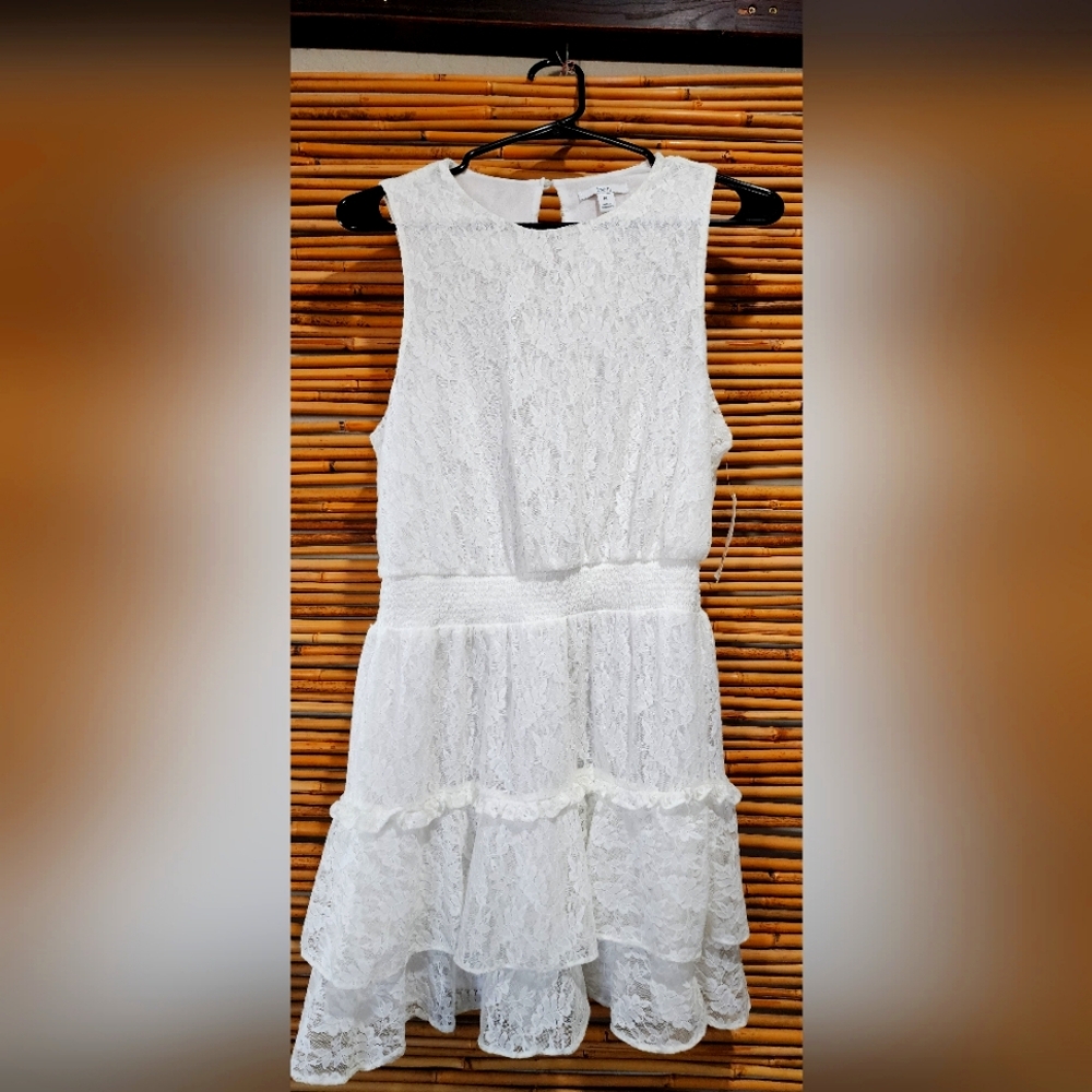Bar III White Smocked Fitted Lace Tiered Ruffled Mini Dress Petite Large New NWT